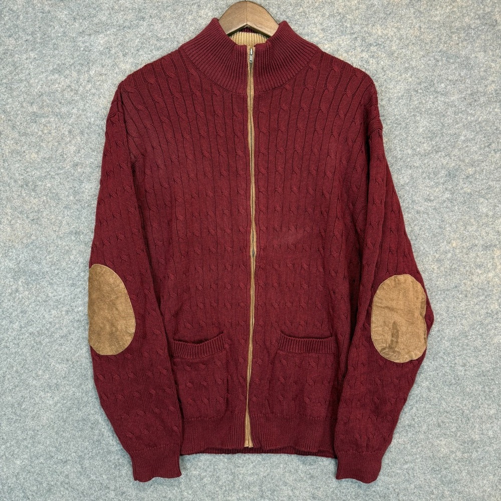 Paul Fredrick Chunky Cable Knit Sweater Mens XL Faux Suede Elbow Patch Full Zip